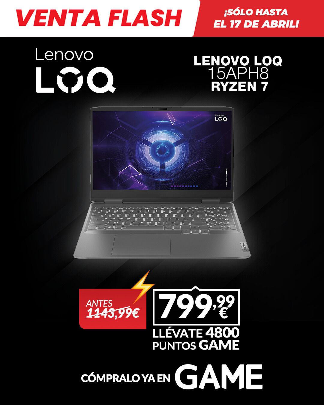 Get a Lenovo Lenovo Loq 15aph8 supply computer at Game for 799.99 euros