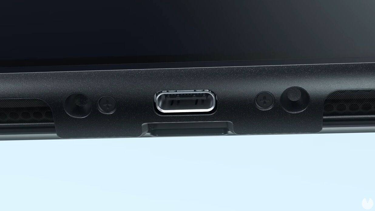 Imagen del puerto USB-C de la parte superior de Nintendo Switch 2 del vídeo del primer vistazo de la consola