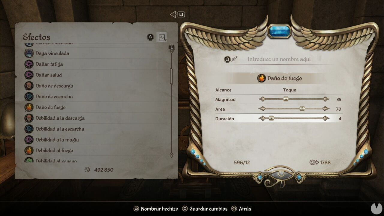 The Elder Scrolls IV: Oblivion Remastered - Cómo crear hechizos, menú de valores del hechizo