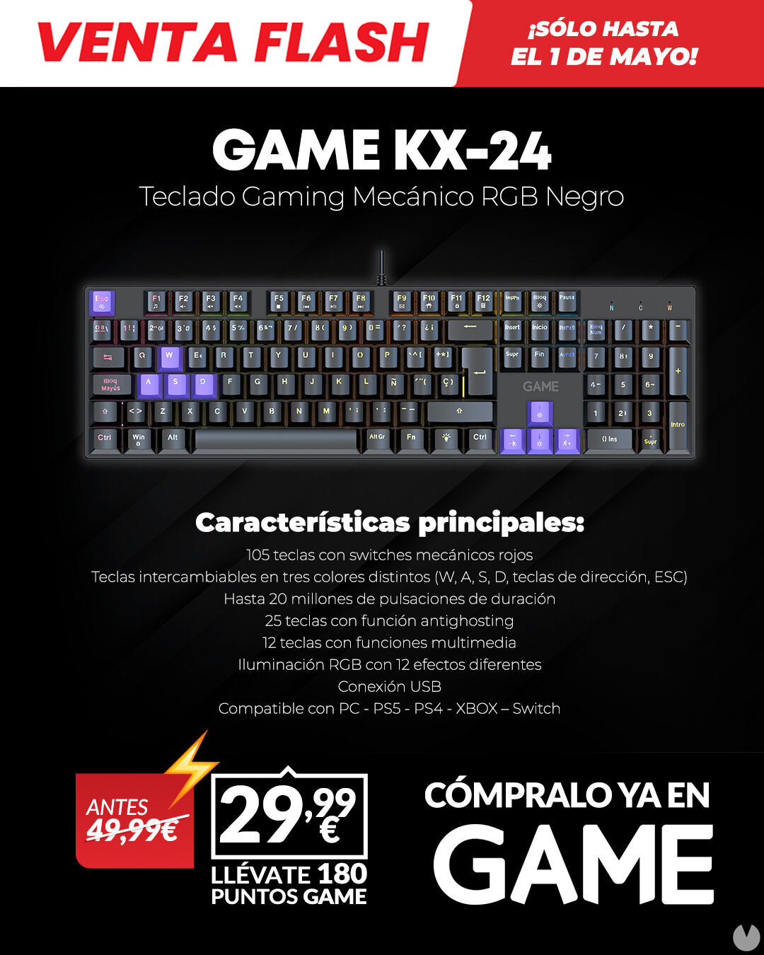 Consigue el teclado GAME KX-24 por 29,99 euros en GAME, oferta por tiempo limitado o fin de existencias