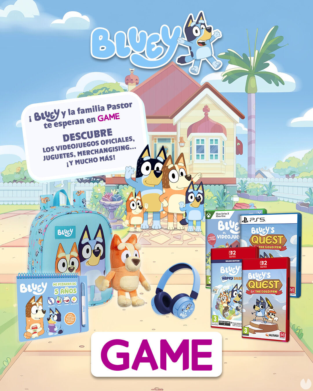 Consigue los próximos videojuegos oficiales de Bluey en GAME junto a merchandising y juguetes increíbles