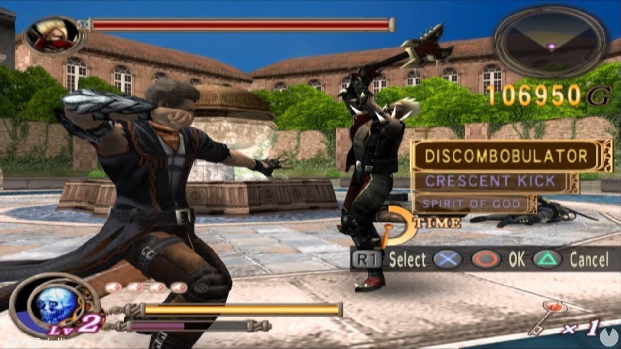 Imagen de gameplay de God Hand (2006) mostrando algunas de las habilidades especiales de remate de Gene