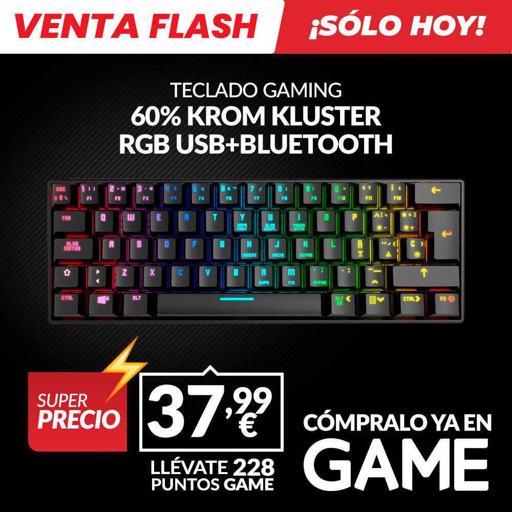 TECLADO GAMING INALÁMBRICO MECÁNICO 60 % KROM KLUSTER RGB USB+BLUETOOTH oferta flash GAME sólo hoy