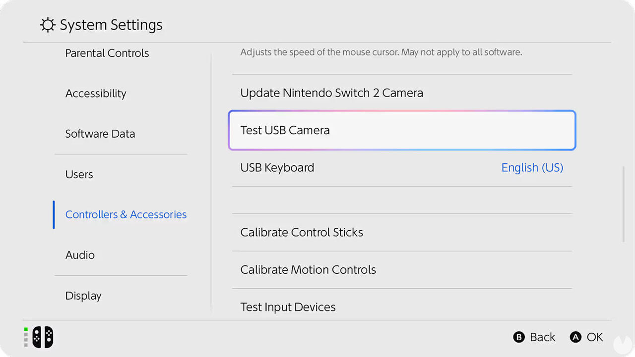 Menú de Switch 2 con la herramienta de probar la compatibilidad de la cámara.