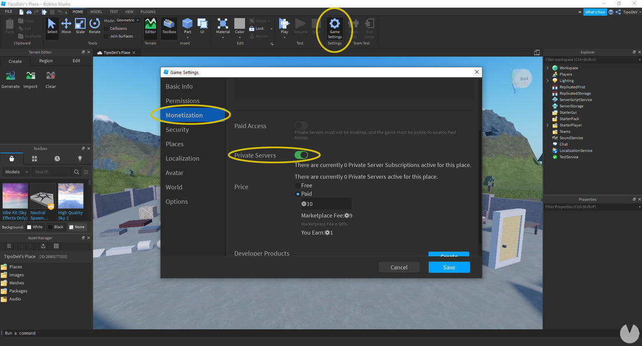 Roblox - How to enable private servers in games you have created