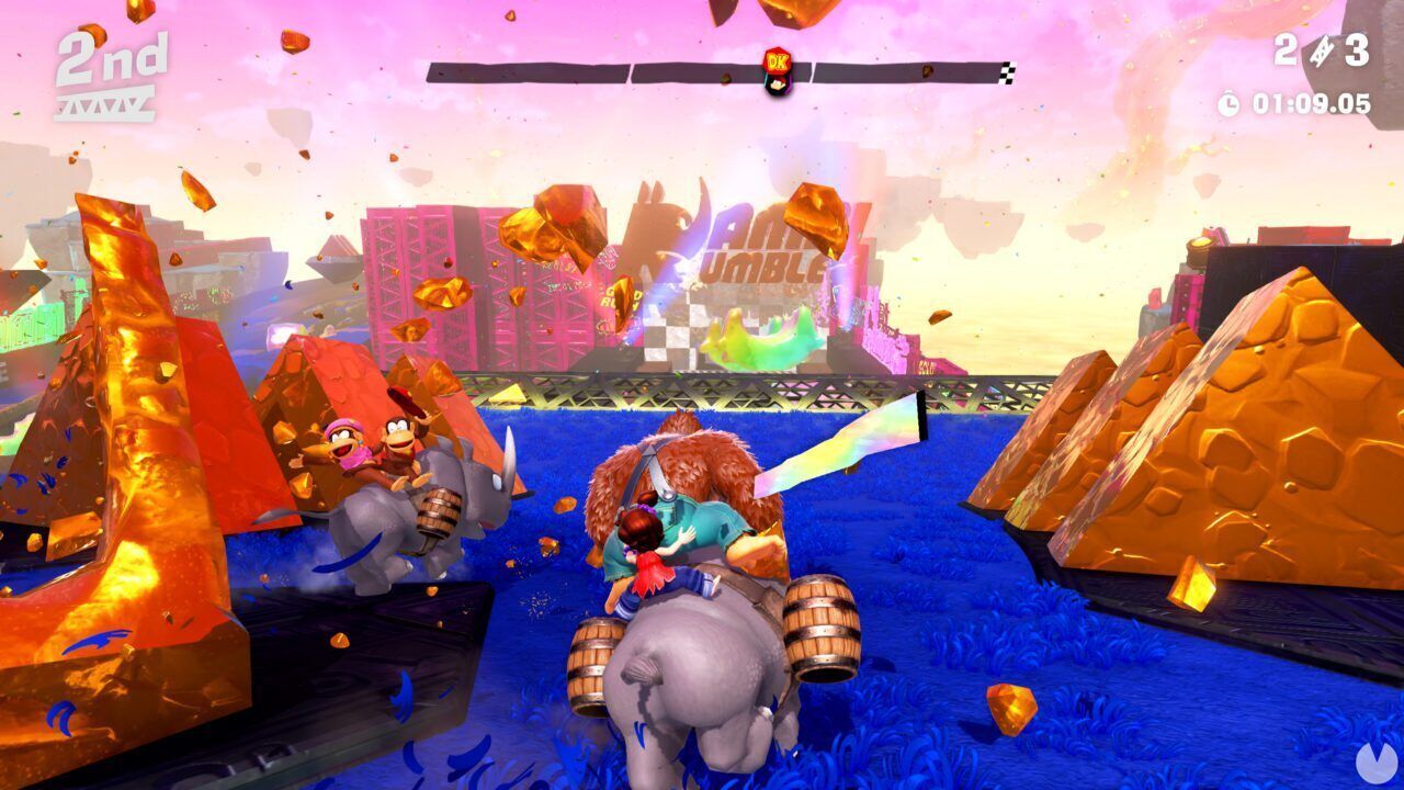 Donkey Kong Bananza - Captura del minijuego de carreras de rinocerontes