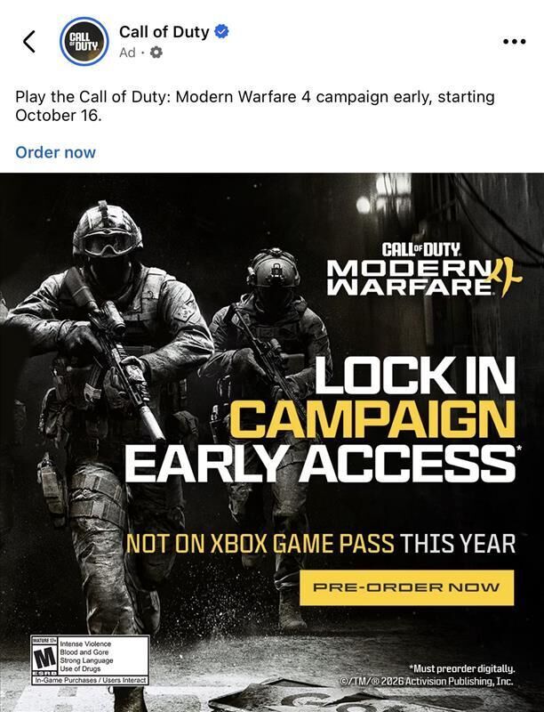Publicidad de Call of Duty: Modern Warfare 4 indica que no llega a Xbox Game Pass