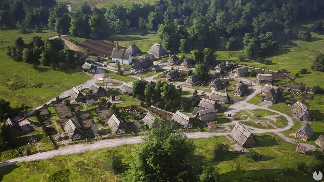 Imagen promocional de Manor Lords con un paisaje de un pueblo medieval