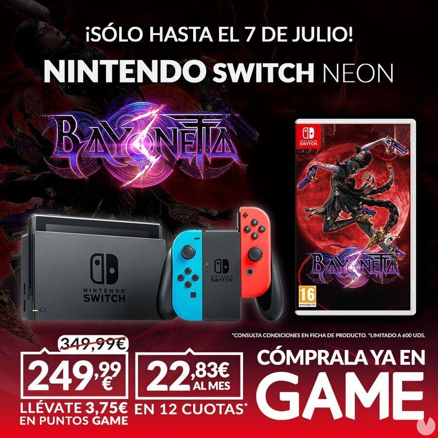 Switch + Bayonetta 3 por 249,99 euros en GAME por tiempo limitado.