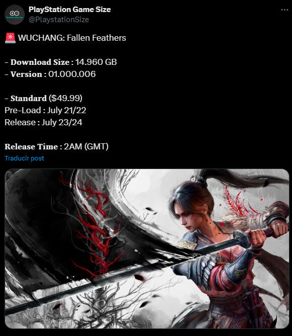 Wuchang: Fallen Feathers tamaño PS5 filtrado: son unos 16 GB