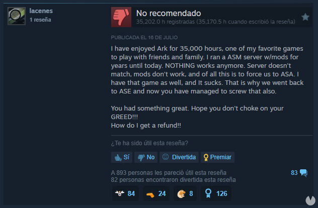 Reseña negativa de ARK Survival Evolved en Steam.
