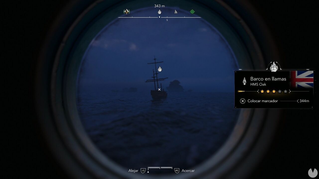 Assassin's Creed Black Flag Resynced - Burning Ships, burning ship seen through the spyglass