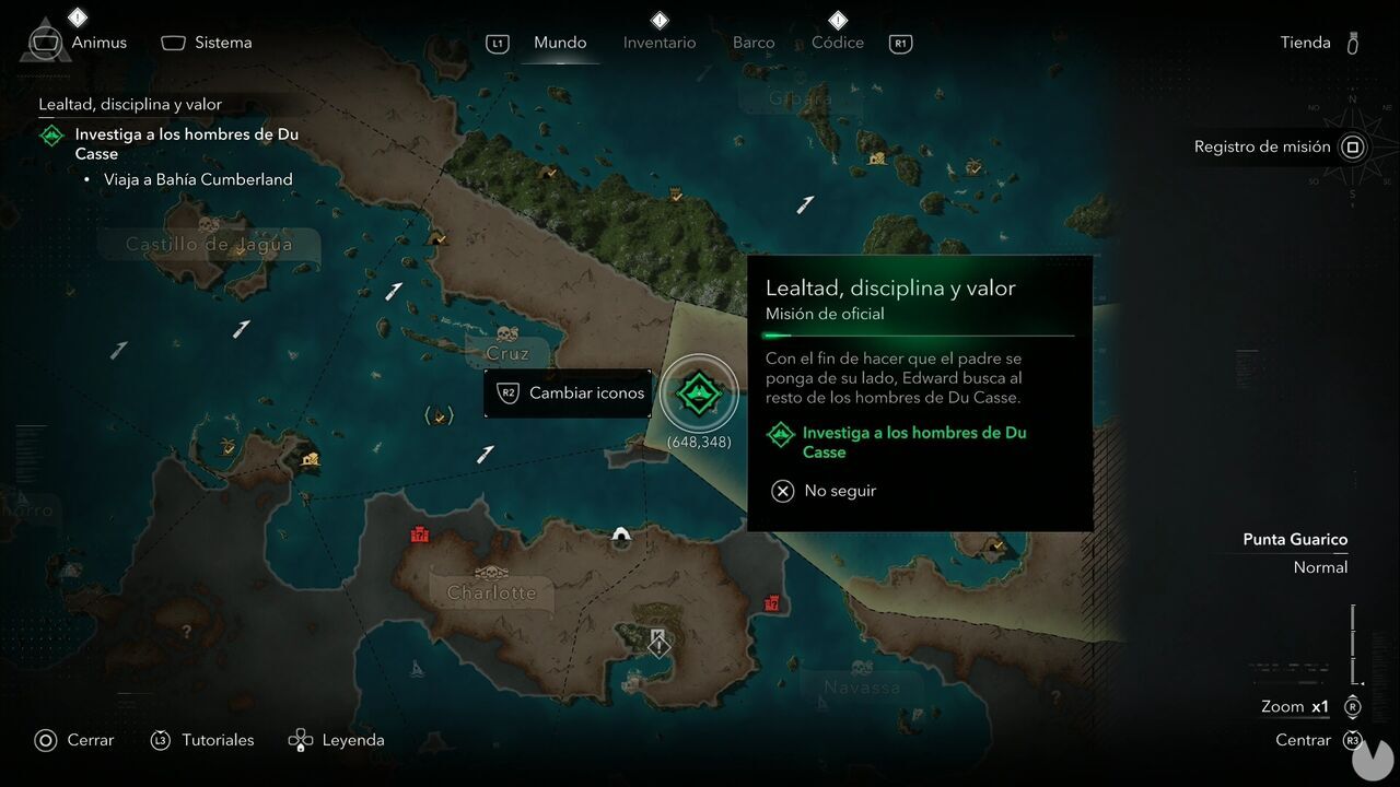 Assassin's Creed Black Flag Resynced - Officer Quests, location of Cumberland Bay in western Punta Guarico
