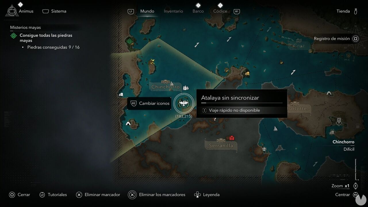 Assassin's Creed Black Flag Resynced - Viewpoints in Chinchorro, location of the viewpoint in southwestern Santanilla