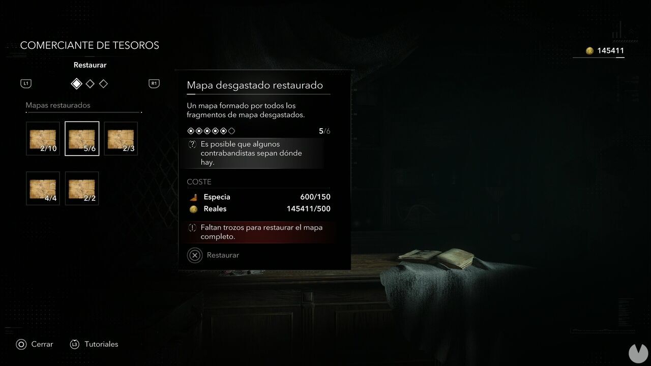 Assassin's Creed Black Flag Resynced - Map Fragments, map restoration menu at the Great Inagua Treasure Dealer