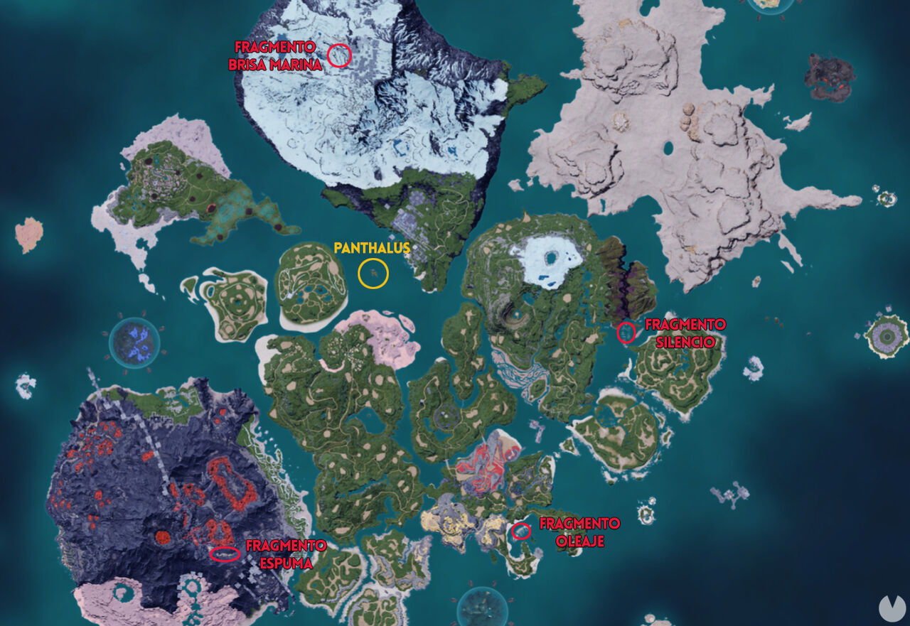 Palworld - Map showing the locations of the fragments needed to craft the Echoing Flute and capture Panthalus