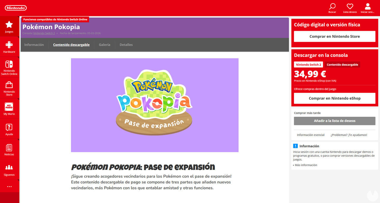 Nintendo eShop page for purchasing the Pok�mon Pokopia Expansion Pass downloadable content