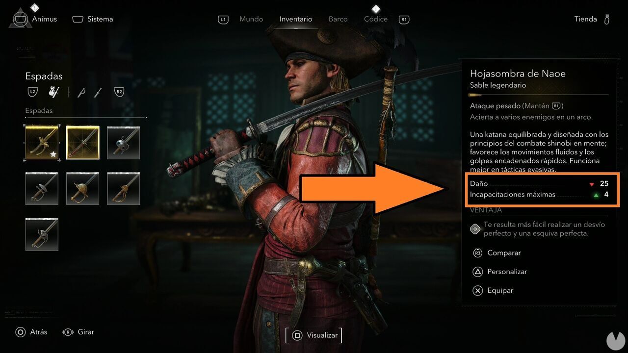 Assassin's Creed Black Flag Resynced - How to perform Chain Takedowns, weapon menu with Damage and Maximum Takedowns highlighted