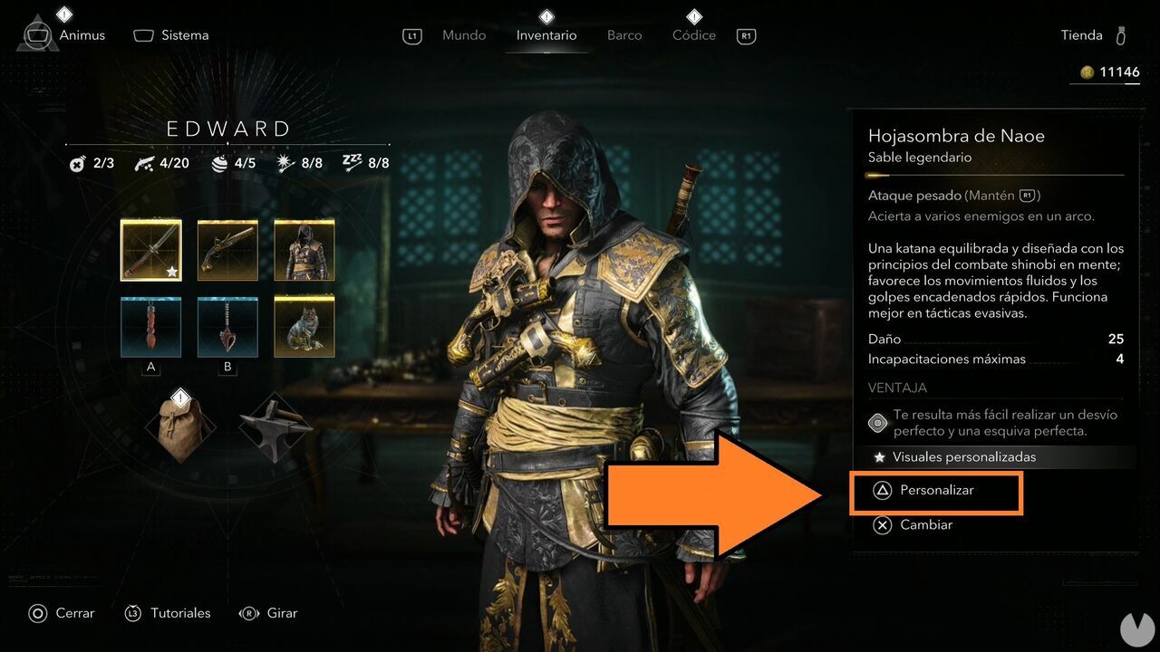 Assassin's Creed Black Flag Resynced - Weapons, weapon menu with the option to customize weapon appearance highlighted
