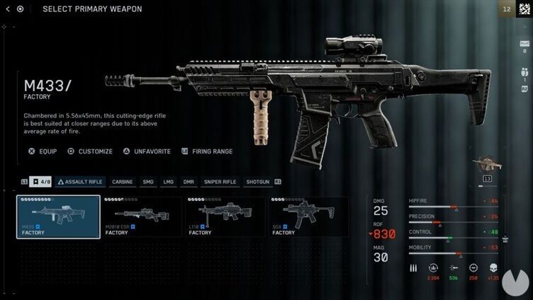 M433 en el menú de armas de la beta de Battlefield 6