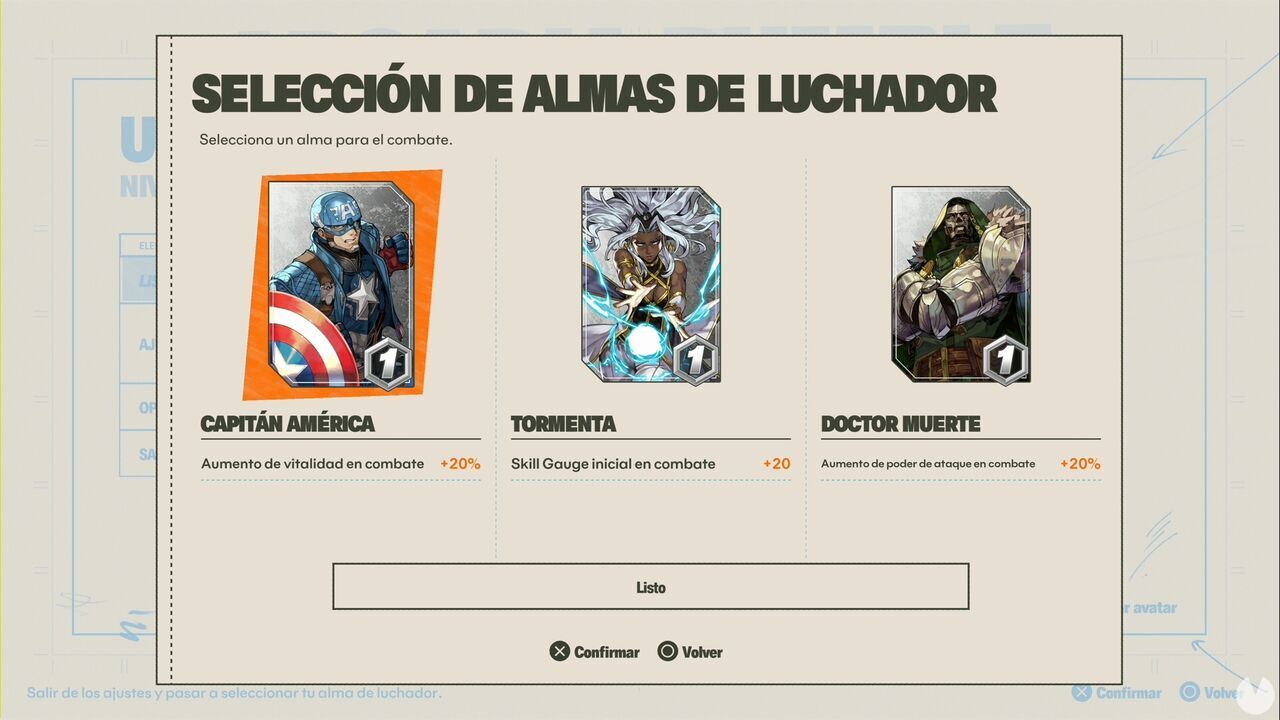 Marvel Tokon Fighting Souls - Game modes, Fighter Soul selection menu