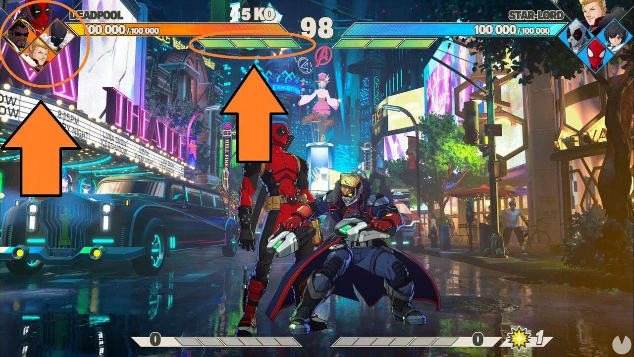 Marvel Tokon Fighting Souls - Crossover Reflect and Perfect Reflect, location of the assist availability indicators and assist gauge on the battle interface