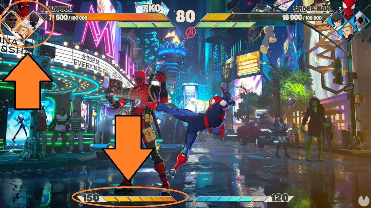 Marvel Tokon Fighting Souls - Super Assemble and Tokon Assemble, battle interface with the reserve character indicators and Skill Gauge highlighted