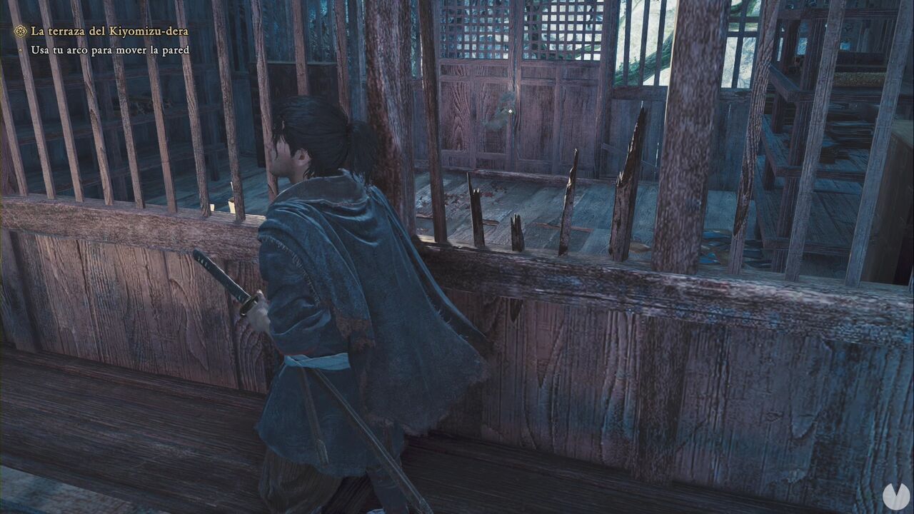 Onimusha: Way of the Sword - The Stage is Set at Kiyomizu: opening between the broken bars in the Hall area of the Oni Refuge where you can fire an arrow through