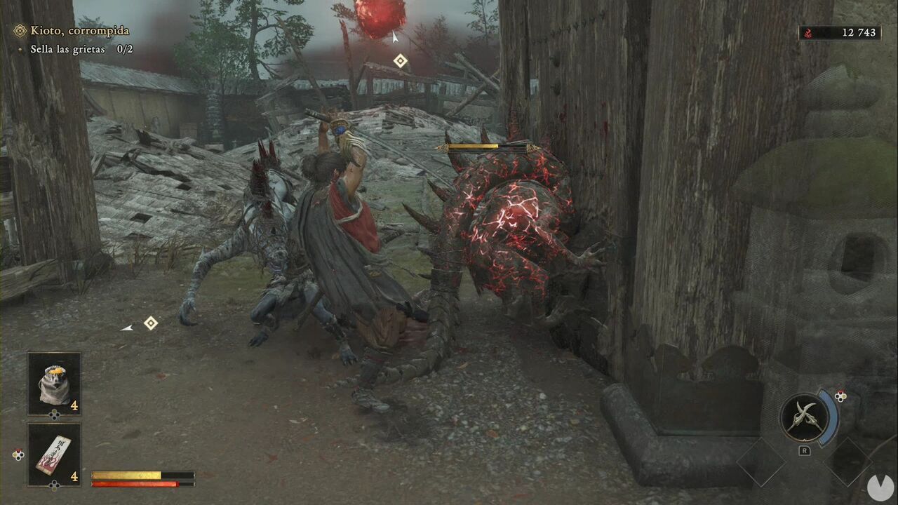 Onimusha: Way of the Sword - Kyoto, Corrupted: Togemaru stuck in a wall and vulnerable to an Issen attack