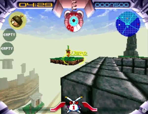 En cada nivel había que recoger cuatro 'jet pods' con forma de zanahoria. Lógico, tratándose de un mecha con forma de conejo.