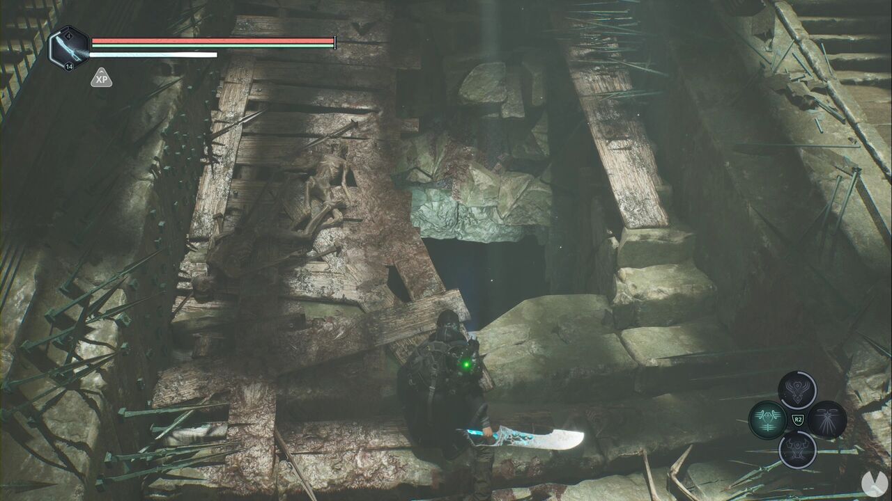 Hell is Us - Arcas Spire, hole in the staircase covered in bodies