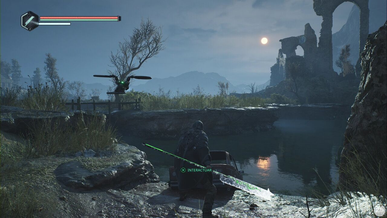 Hell is Us - Acasa Marshes, partially submerged car on the bank near the large ruins