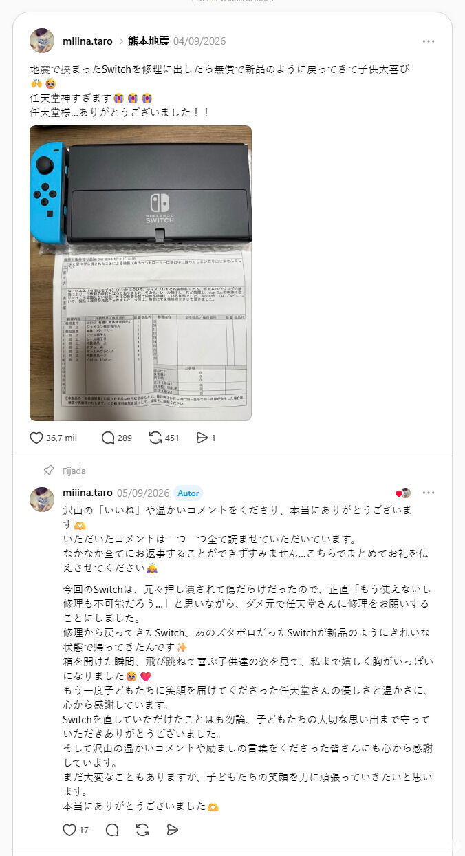 Post en Threads de la madre a la que Nintendo le reparó gratis una Switch dañada durante un terremoto.