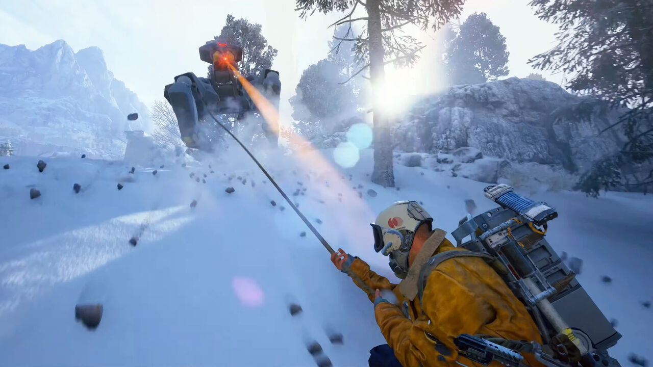 ผู้เล่น ARC Raiders ใช้ Grappling Hook เข้าหาหุ่น ARC ในแผนที่หิมะ