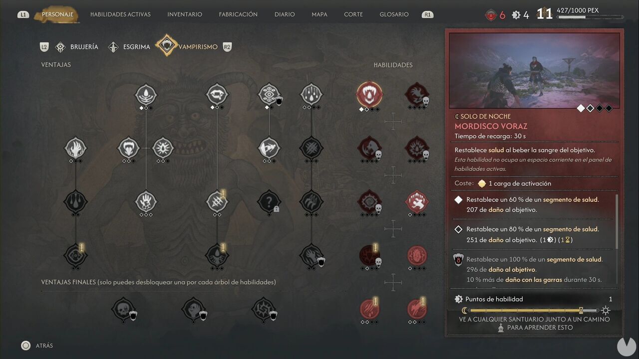 The Blood of Dawnwalker - Best skills; Vampirism skill tree with Voracious Bite highlighted