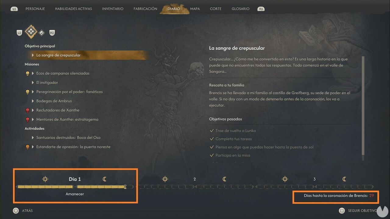 The Blood of Dawnwalker - Time system, day and night; Journal menu showing elapsed days, remaining time segments and days until the coronation