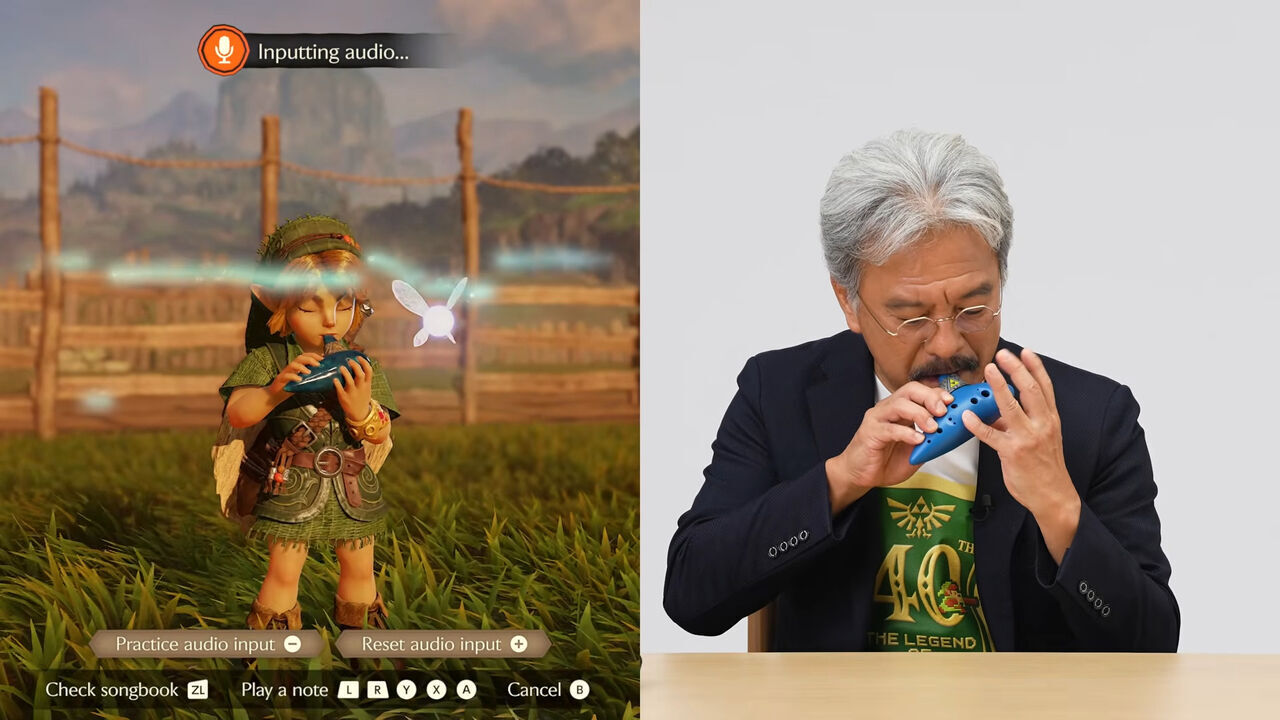 Aonuma tocando la ocarina en el remake de Zelda Ocarina of Time